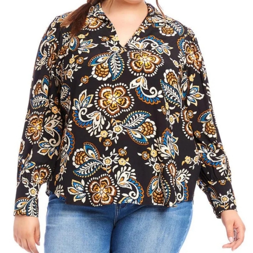 New Karen Kane Plus Size Blouson V-Neck‎ Long Sleeve Top: Black Floral Print
